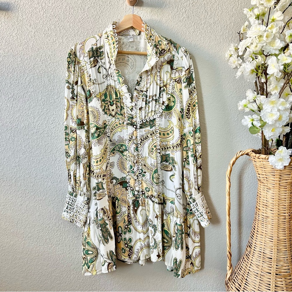 Asa Fashion Yellow Green Paisley Print Mini Dress Size XL Lace Boho Long Sleeve
